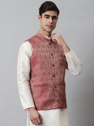 Men's Maroon Woven Design Waistcoats