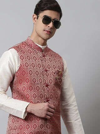 Men's Maroon Woven Design Waistcoats