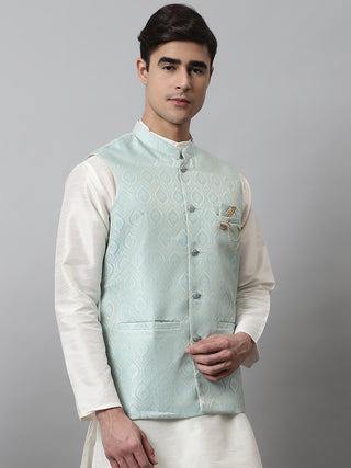 Men's Sky Blue Woven Design Waistcoats