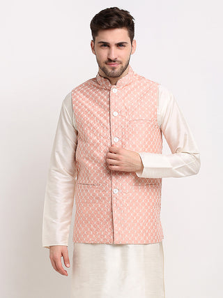 Jompers Men's Peach Peach and White Embroidered Nehru Jacket