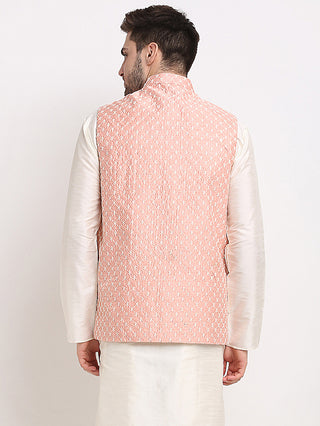 Jompers Men's Peach Peach and White Embroidered Nehru Jacket