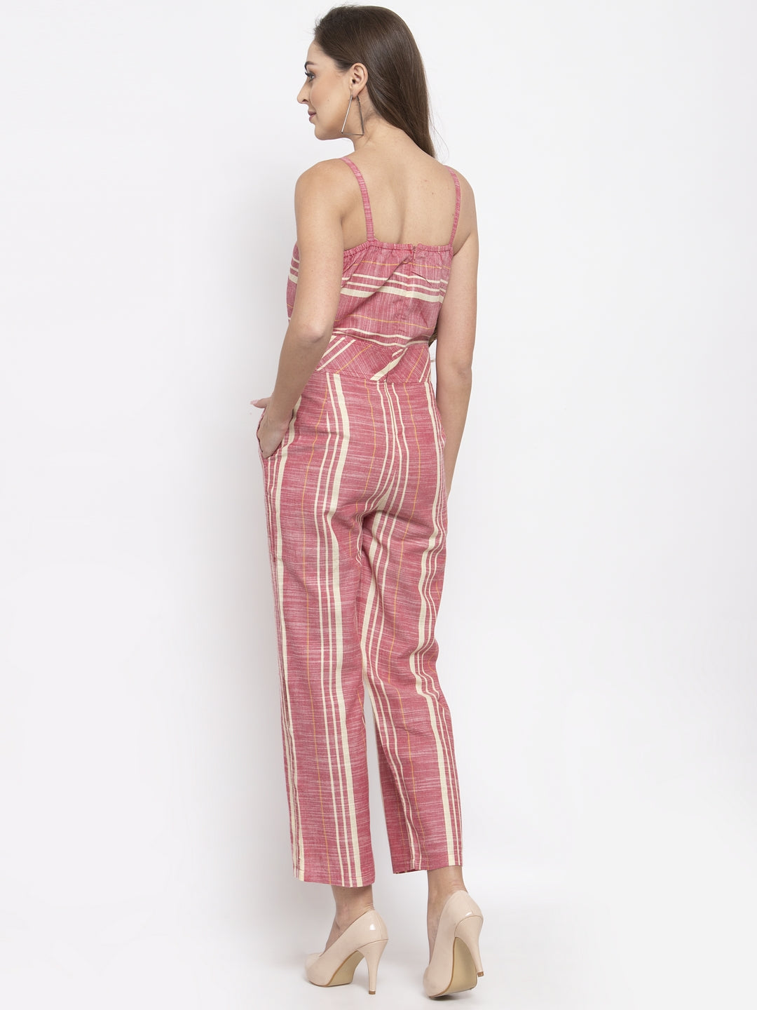 Women Red & Off-White Striped Basic Jumpsuit