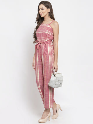 Women Red & Off-White Striped Basic Jumpsuit