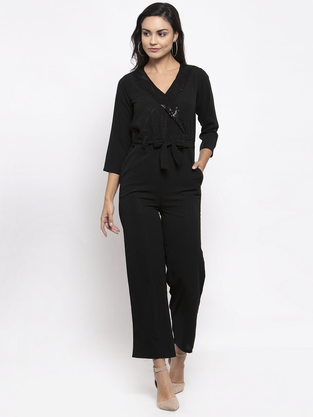 Jompers Women Black Solid Jumpsuit with sequence on neck