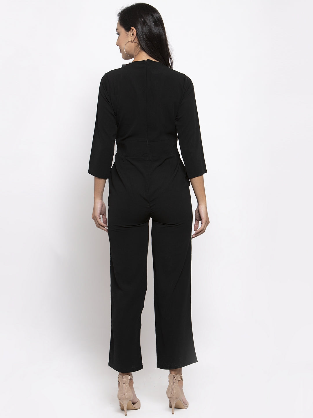 Jompers Women Black Solid Jumpsuit with sequence on neck