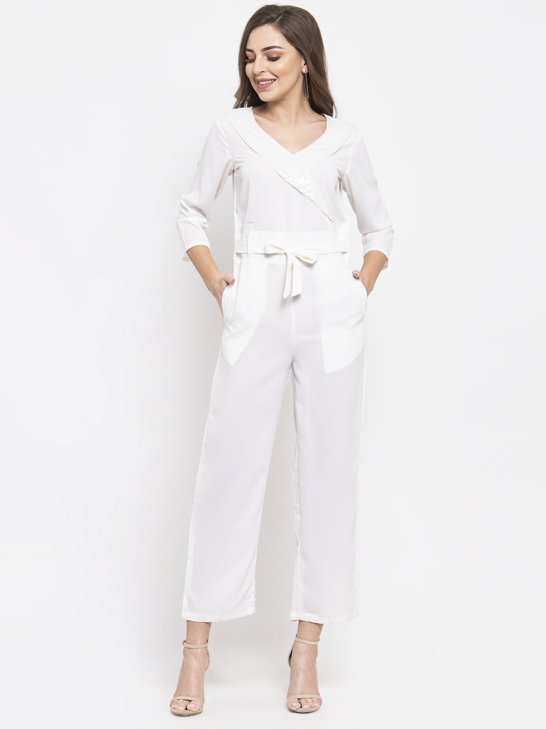 Jompers Women White Solid Jumpsuit with sequence on neck