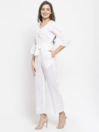 Jompers Women White Solid Jumpsuit with sequence on neck