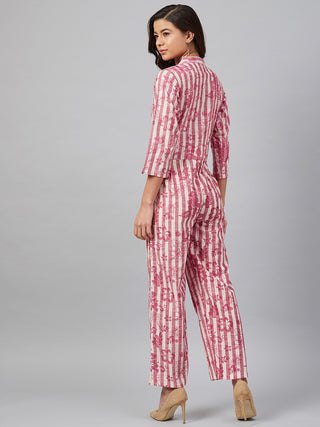 Jompers Women Off-White & Pink Striped Mandarin Collar Basic Jumpsuit