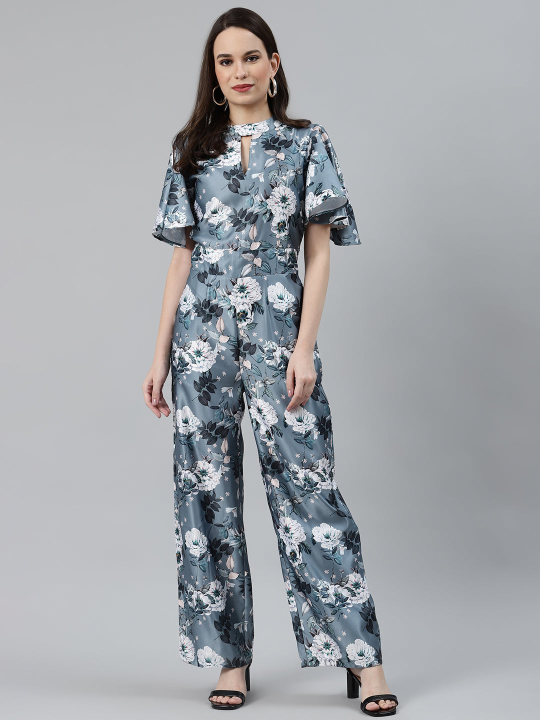 Jompers Women Grey & Off-White Printed Keyhole Neck Flared Sleeves Basic Jumpsuit
