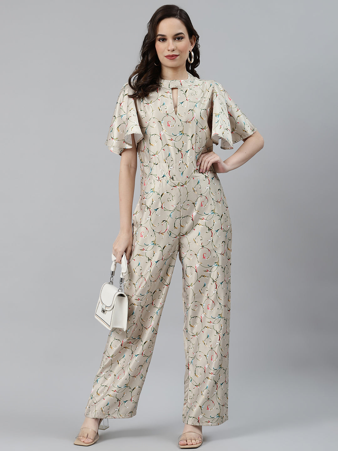 Jompers Women Lime Green & Off-White Printed Keyhole Neck Flared Sleeves Basic Jumpsuit