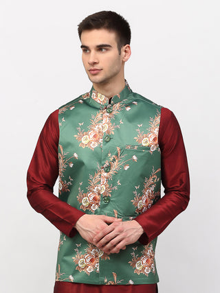 Jompers Men's Green Printed Nehru Jacket