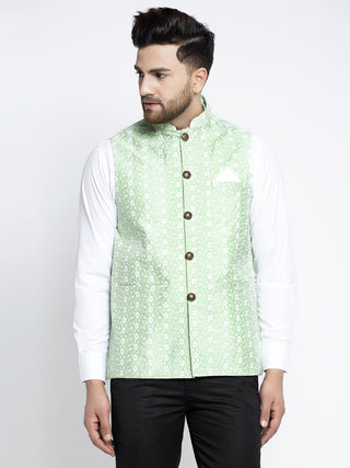 Jompers Men's Green Embroidered Nehru Jacket
