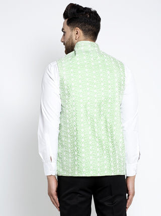 Jompers Men's Green Embroidered Nehru Jacket