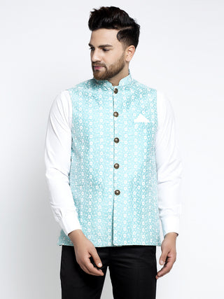 Jompers Men's Blue Embroidered Nehru Jacket