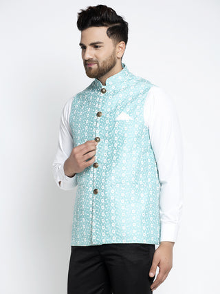 Jompers Men's Blue Embroidered Nehru Jacket