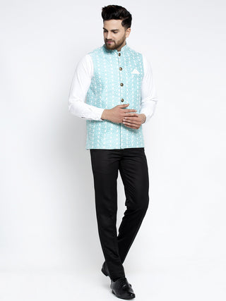 Jompers Men's Blue Embroidered Nehru Jacket