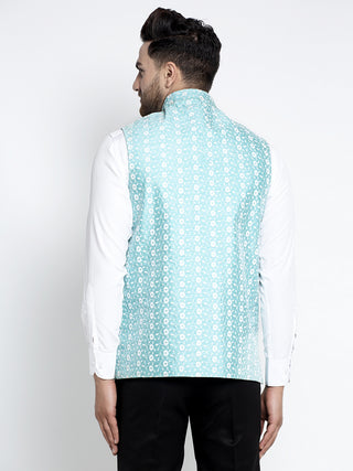 Jompers Men's Blue Embroidered Nehru Jacket