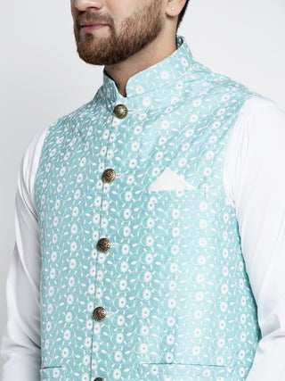 Jompers Men's Blue Embroidered Nehru Jacket