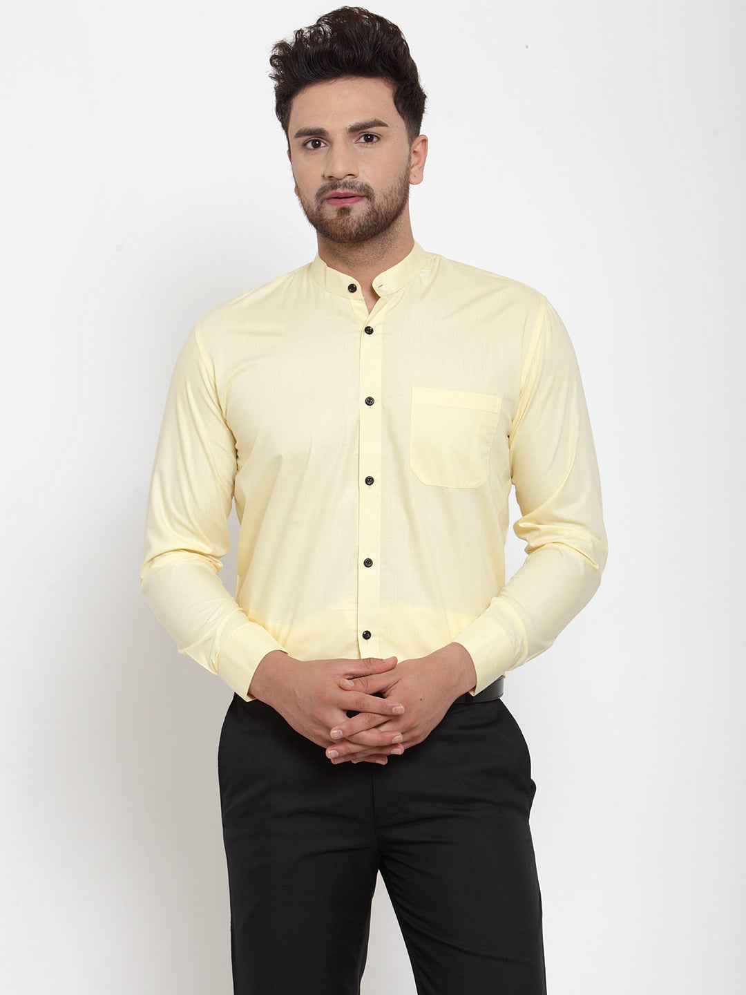 Jainish Yellow Men's Cotton Solid Mandarin Collar Formal Shirts