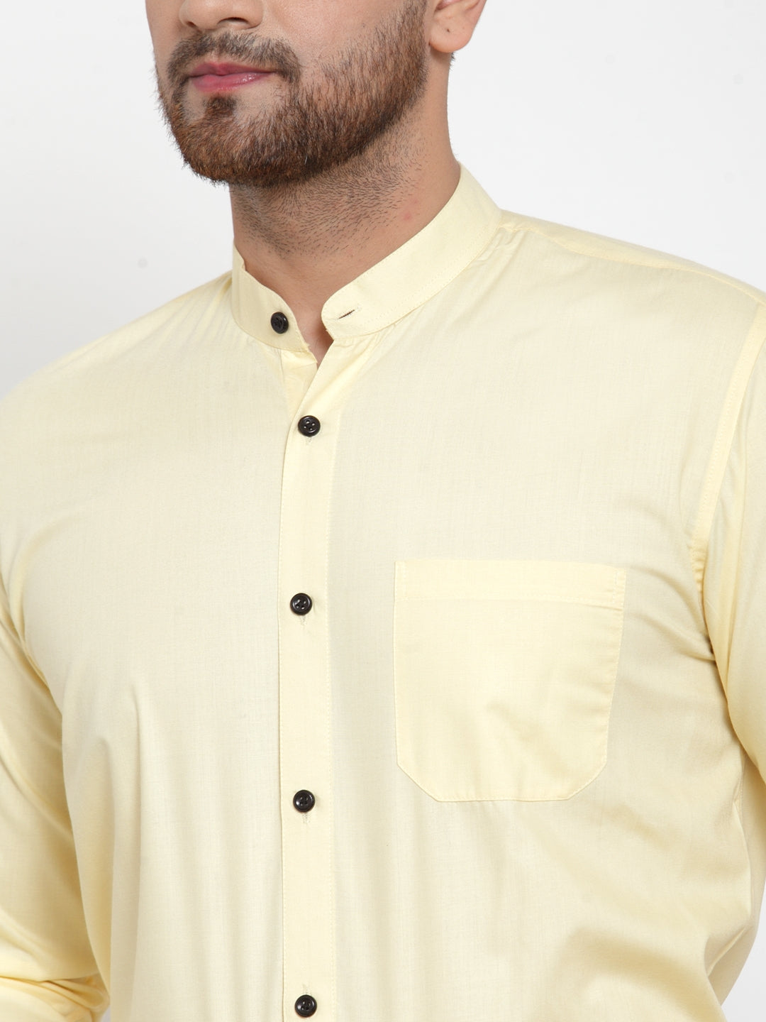Jainish Yellow Men's Cotton Solid Mandarin Collar Formal Shirts