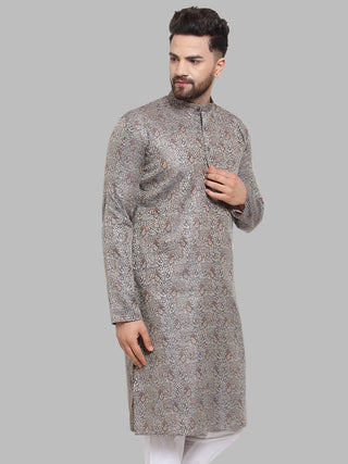 Jompers Men Grey & White Woven Design Kurta Only