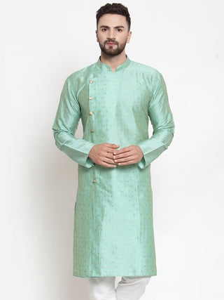 Jompers Men Sky-Blue & Golden Self Design Kurta Only