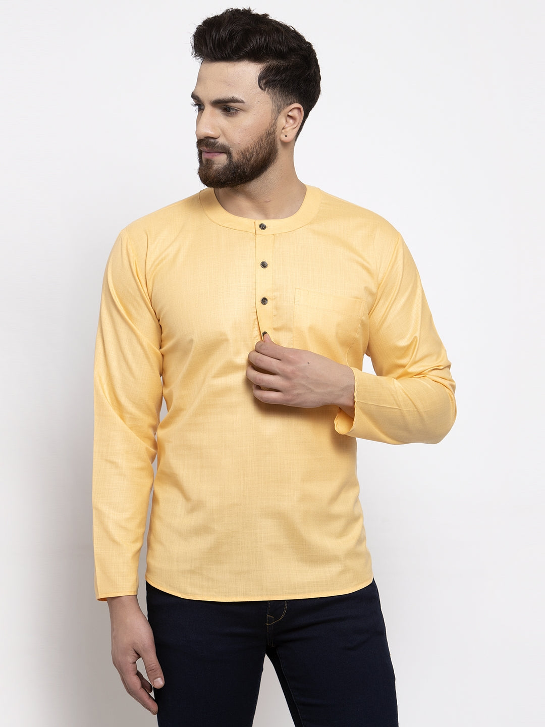 Jompers Men Mustard Solid Straight Short Kurta