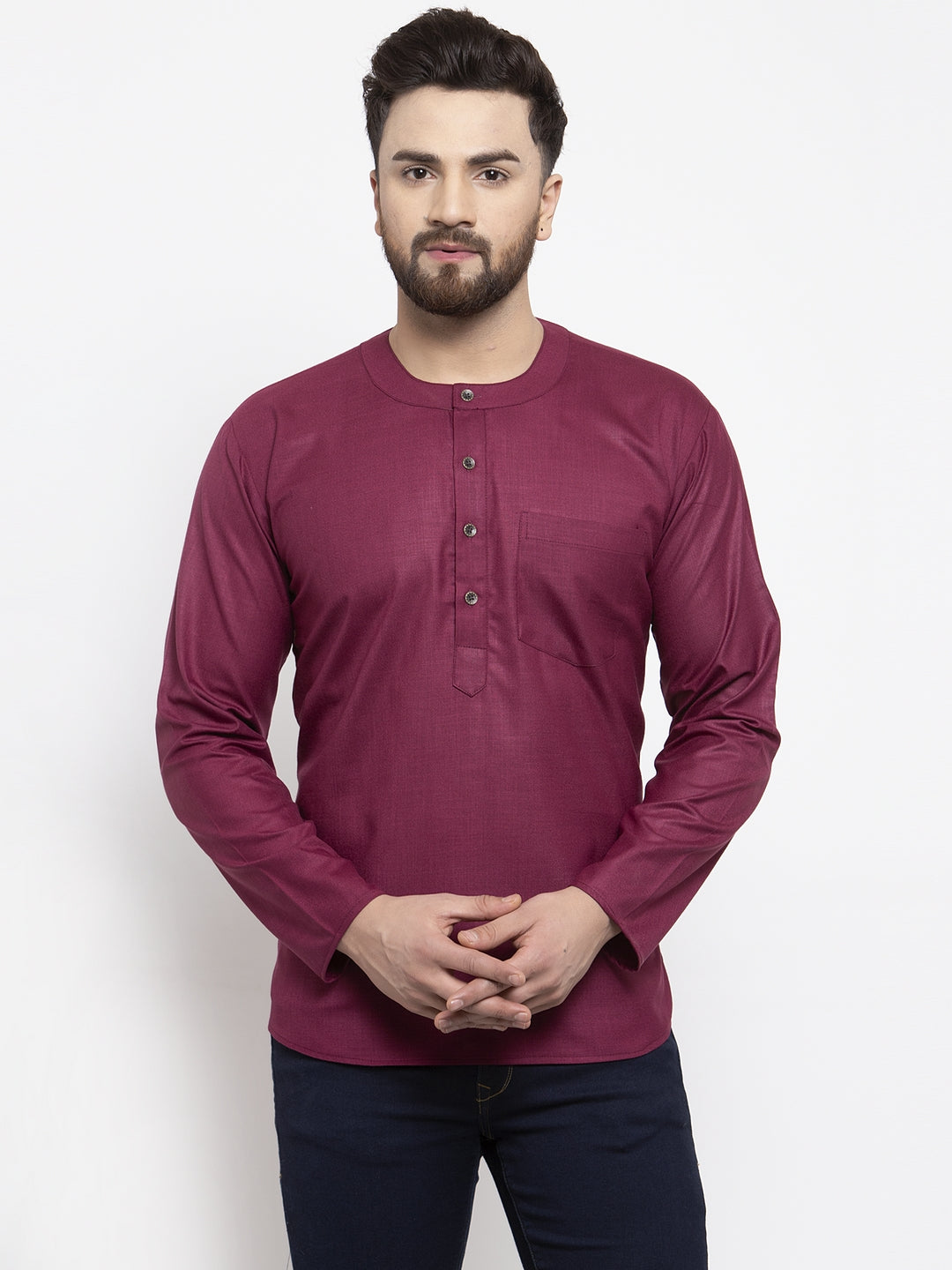 Jompers Men Purple Solid Straight Short Kurta