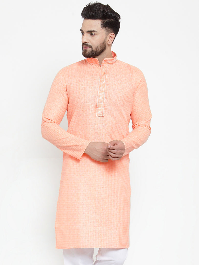 Jompers Men Peach & White Embroidered Kurta Only