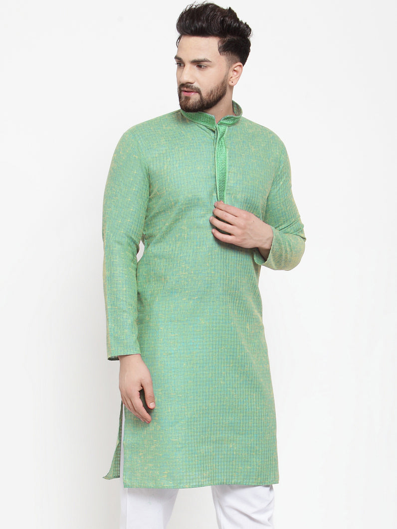 Jompers Men Sea Green & White Embroidered Kurta Only