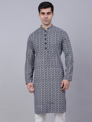 Men's Navy Blue & White embroidered Straight Kurtas