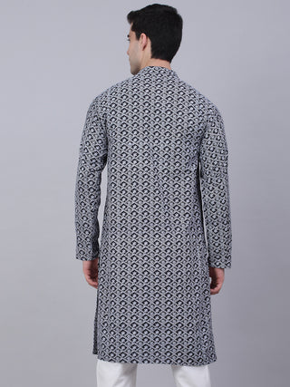 Men's Navy Blue & White embroidered Straight Kurtas