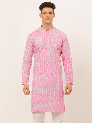 Men's Pink & White Embroidered Straight Kurtas