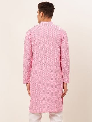 Men's Pink & White Embroidered Straight Kurtas