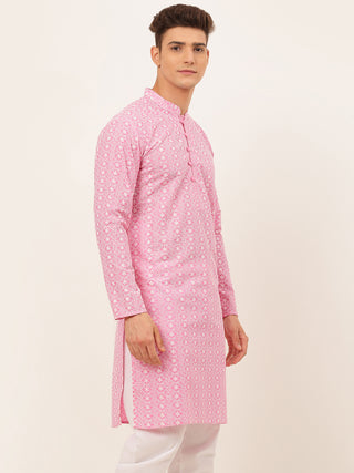 Men's Pink & White Embroidered Straight Kurtas