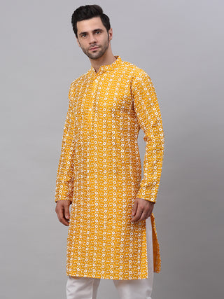 Men Mustard Embroidered Dupion Silk Kurtas