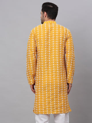 Men Mustard Embroidered Dupion Silk Kurtas