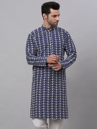 Men Navy Blue Embroidered Dupion Silk Kurtas