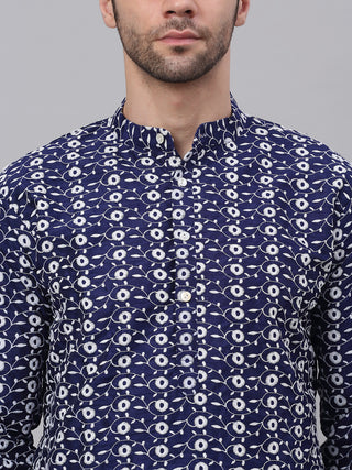 Men Navy Blue Embroidered Dupion Silk Kurtas