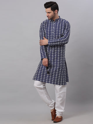 Men Navy Blue Embroidered Dupion Silk Kurtas