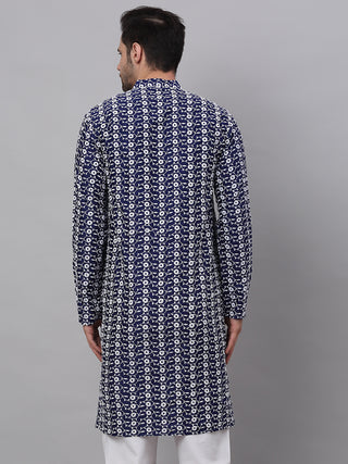 Men Navy Blue Embroidered Dupion Silk Kurtas