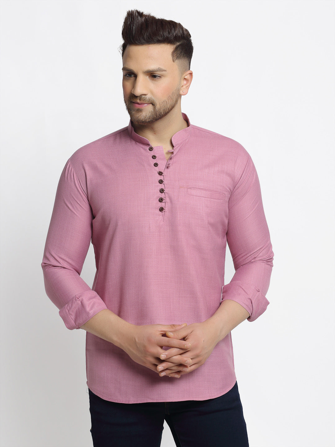 Jompers Men's Magenta Pink Solid Cotton Short Kurta