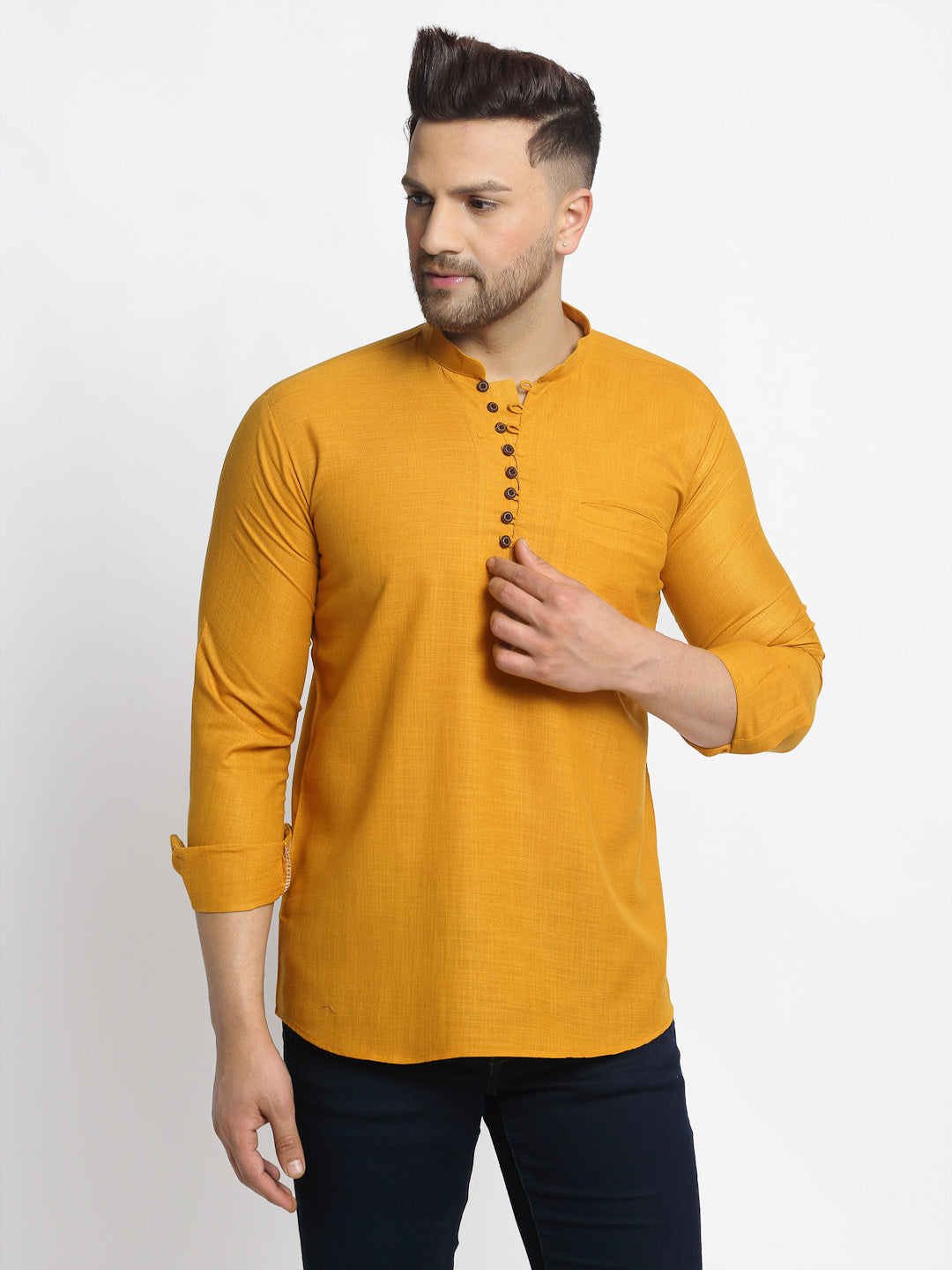 Jompers Men's Mustard Solid Cotton Short Kurta