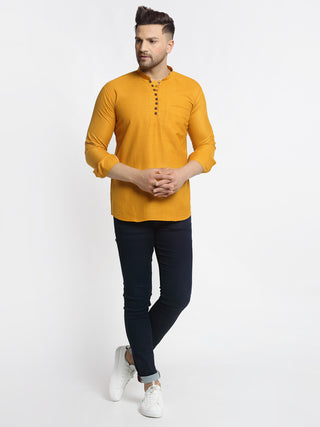 Jompers Men's Mustard Solid Cotton Short Kurta