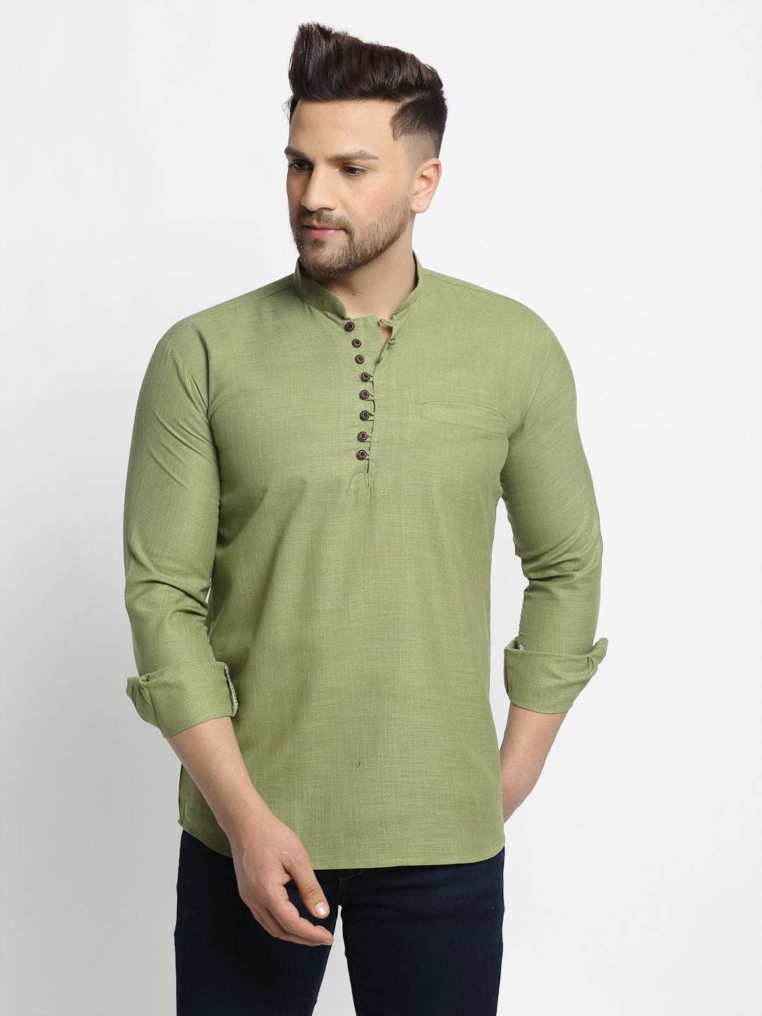 Jompers Men's Olive Green Solid Cotton Short Kurta