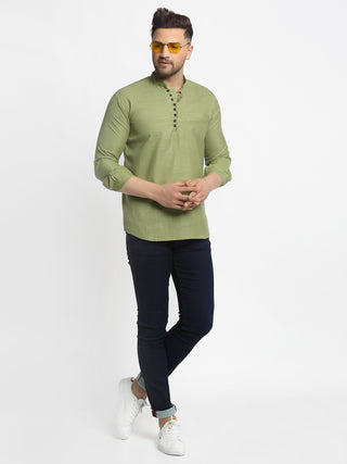 Jompers Men's Olive Green Solid Cotton Short Kurta