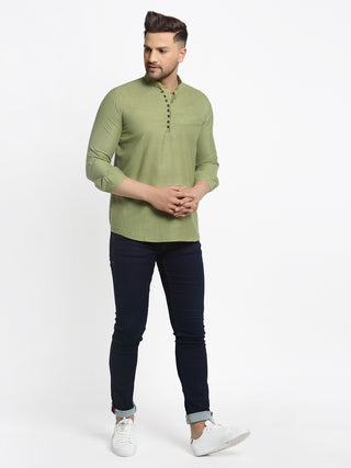 Jompers Men's Olive Green Solid Cotton Short Kurta