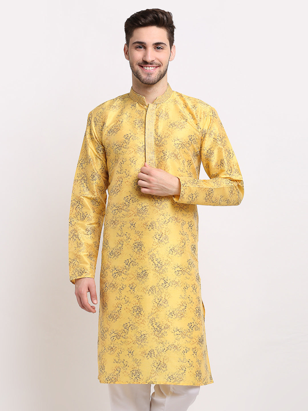 Jompers Men's Yellow Dupion Printed Kurta Only