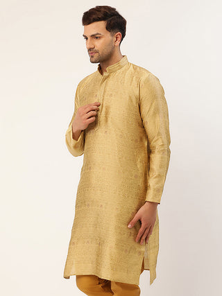 Jompers Men's Beige Coller Embroidered Woven Design Kurta Only
