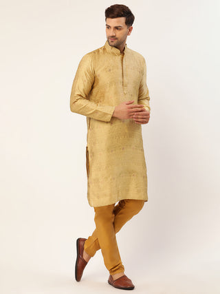 Jompers Men's Beige Coller Embroidered Woven Design Kurta Only